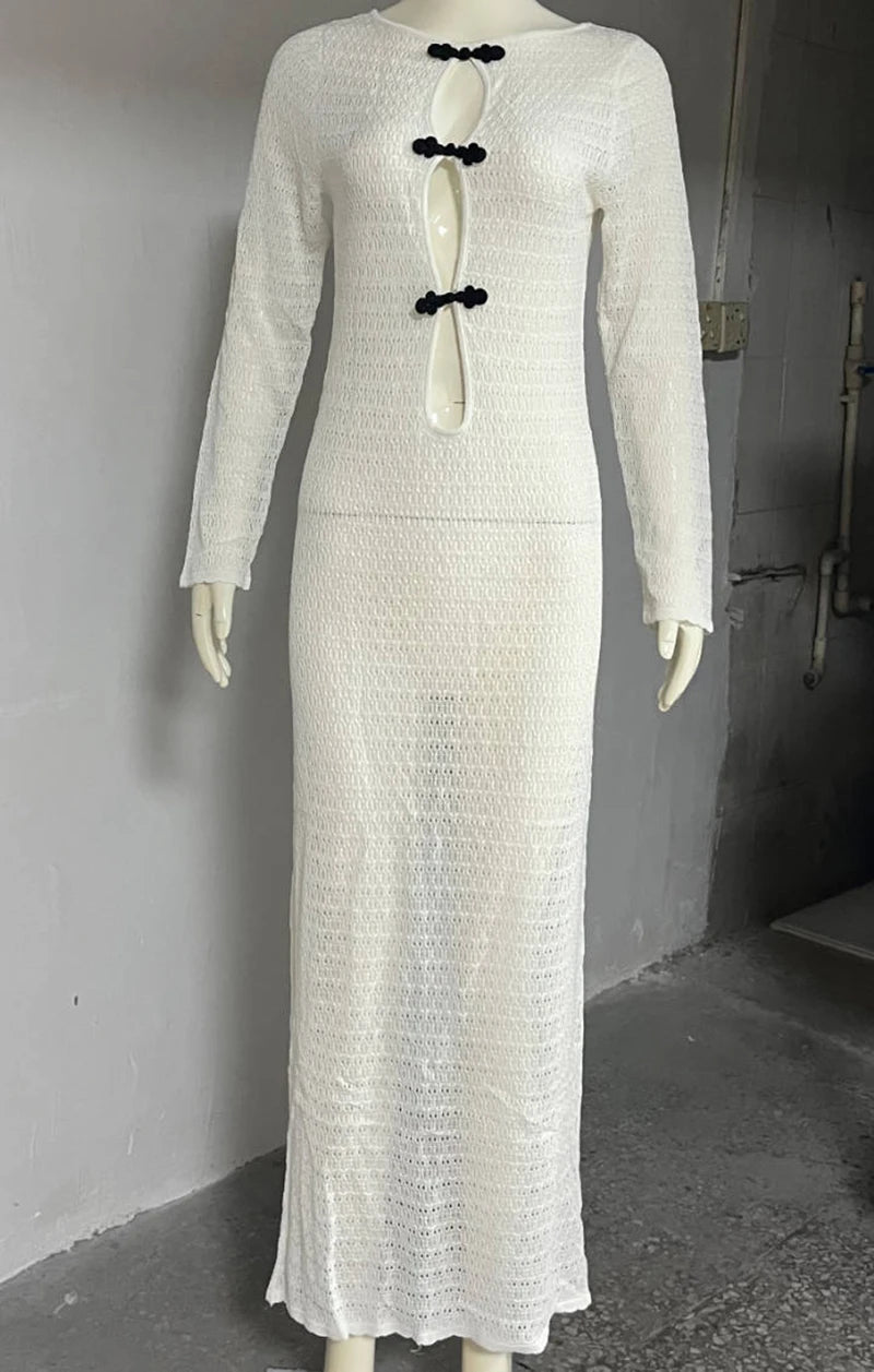 Hollow Out Knit Sexy Maxi Dress Women Fashion See Through Smock Dress Elegant Long Sleeve Backless Fishtail Dress