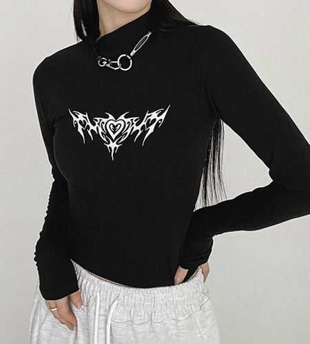 Gothic Dark Print Skinny Autumn Tshirts Female Y2K Harajuku Chain Basic Turtleneck Tee Cropped Tops Slim Long Sleeve