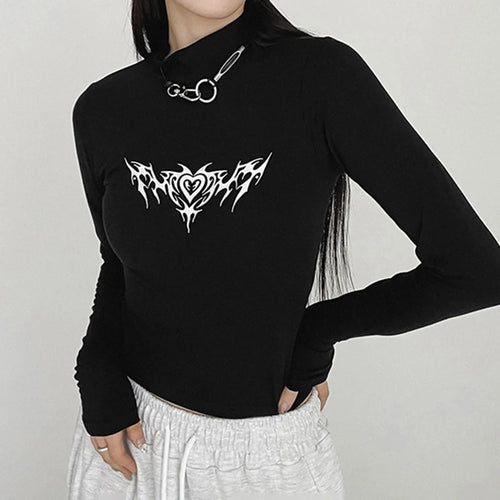 Load image into Gallery viewer, Gothic Dark Print Skinny Autumn Tshirts Female Y2K Harajuku Chain Basic Turtleneck Tee Cropped Tops Slim Long Sleeve
