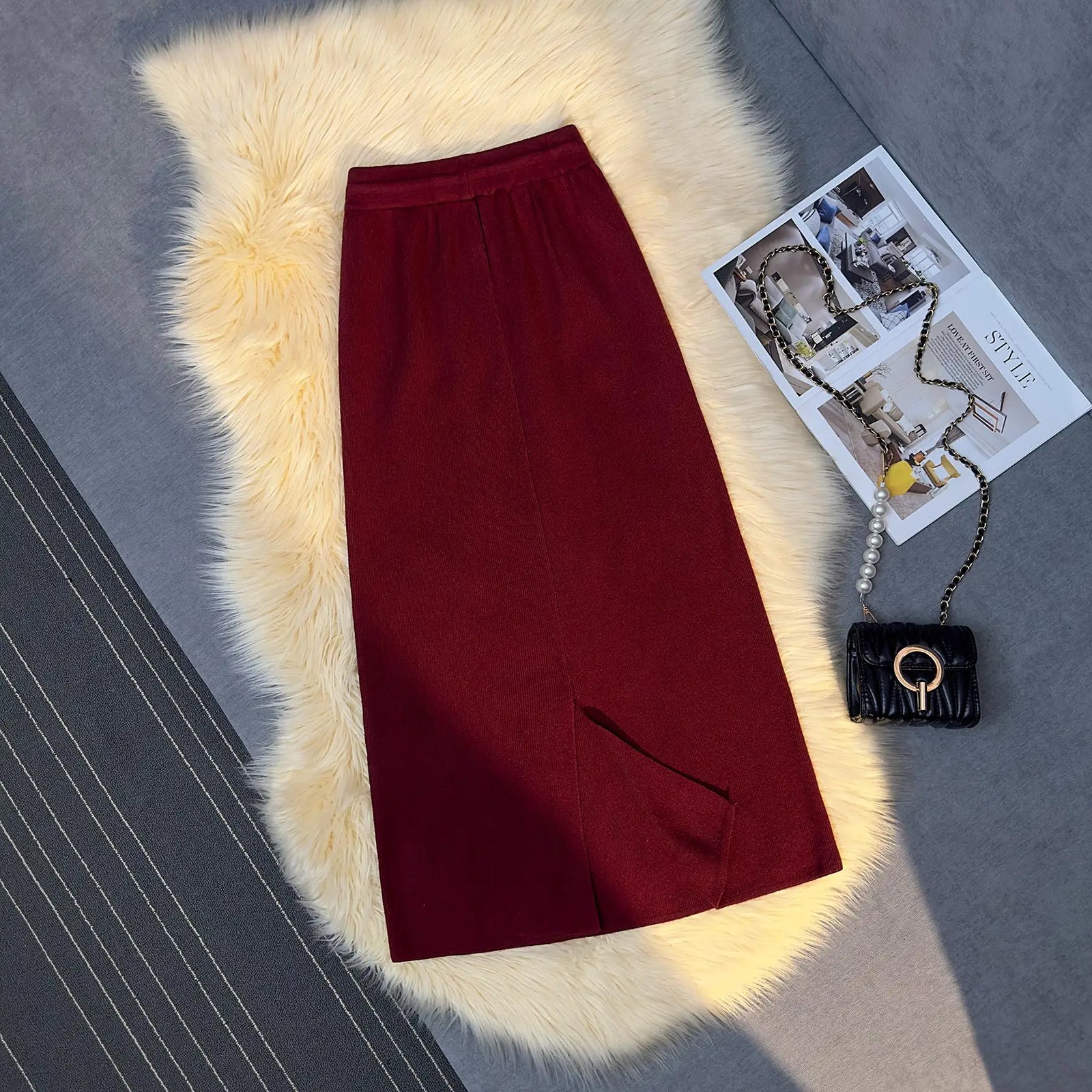 French Vintage Women Solid Drawstring Lace-up Knitted Long Skirt 2024 Autumn Winter Elegant High Waist Vacation Straight Skirts