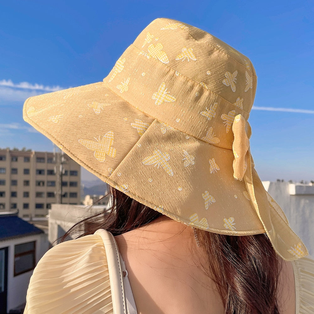 Women Summer Sun Hat Fashion Bow Butterfly Print Sun Cap Female Outdoor Sun Protection Travel Beach Bucket Hat