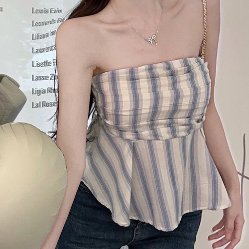 Load image into Gallery viewer, Strapless Blue Striped Chic Summer Women Camis Rainbow Pink Plaid Pleated Sleeveless Female Camis Sexy Fashion Streetwear
