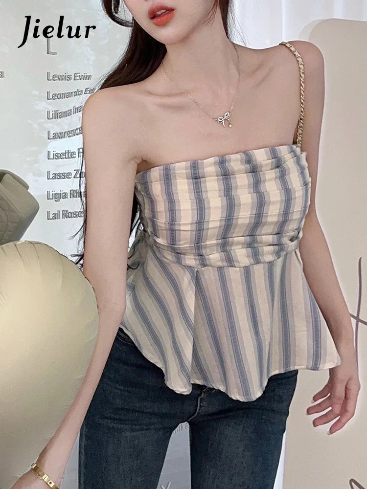 Strapless Blue Striped Chic Summer Women Camis Rainbow Pink Plaid Pleated Sleeveless Female Camis Sexy Fashion Streetwear