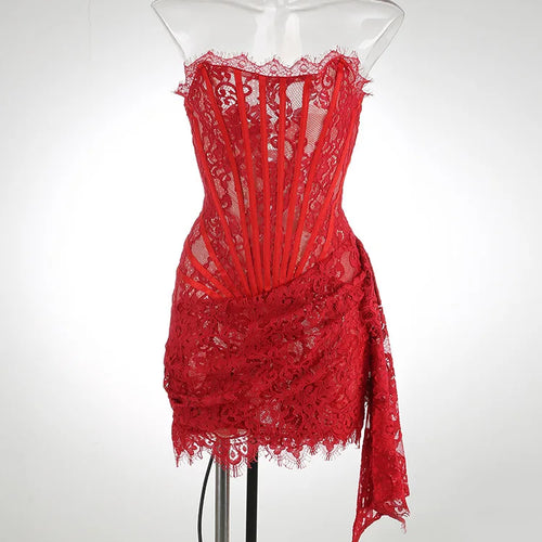 Load image into Gallery viewer, Elegant Lace Strapless Sexy Mini Dress For Women Fashion Off-shoulder Irregular Ruched Bodycon Night Club Party Dress
