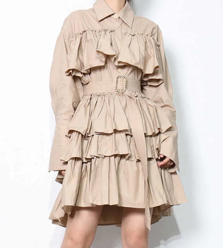 Korean Fashion Dress For Women Lapel Long Sleeve High Waist Layered Ruffle Hem Solid Mini Dresses Female Clothing Style New