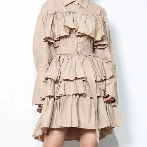 Load image into Gallery viewer, Korean Fashion Dress For Women Lapel Long Sleeve High Waist Layered Ruffle Hem Solid Mini Dresses Female Clothing Style New
