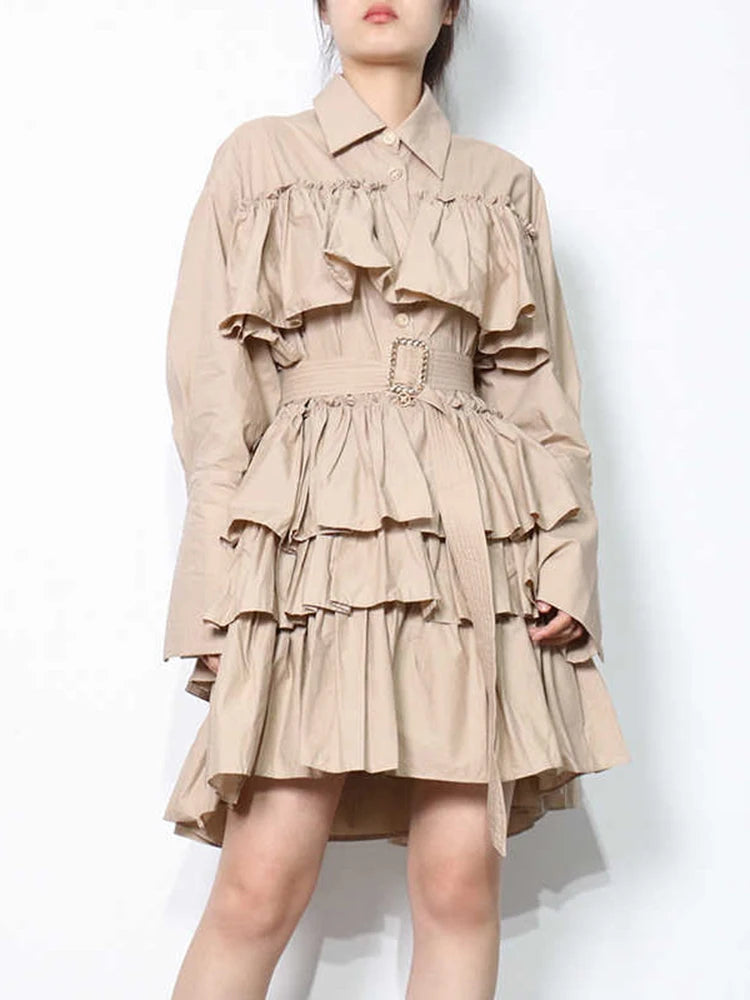 Korean Fashion Dress For Women Lapel Long Sleeve High Waist Layered Ruffle Hem Solid Mini Dresses Female Clothing Style New