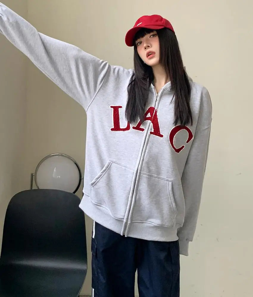 Women Gray Letter Hoodies Tops Harajuku Korean Version Zip Up Loose Sweatshirts Autumn Casual Long Sleeve Hooded Coat Thick Chic