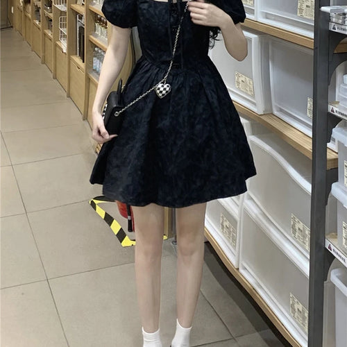 Load image into Gallery viewer, Black French Style Hollow Out Slim Women&#39;s Dresses High Street Puff Sleeve Pleated Solid Color Female Dress Evening Dress
