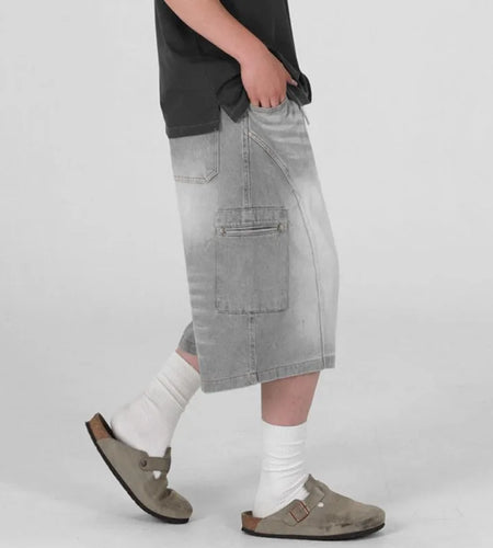 Men's Cargo Denim Shorts New Summer Loose Mid Length Pants Korean Solid Color Trendy Elastic Waist Male Bottoms 9W1639