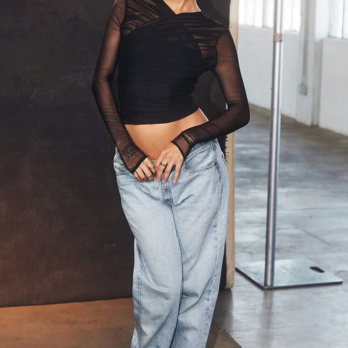 Load image into Gallery viewer, Sheer Mesh Long Sleeve Sexy T-shirt Women 2023 Autumn New V Neck Zipper Layered Skinny Club Party Sexy Tops
