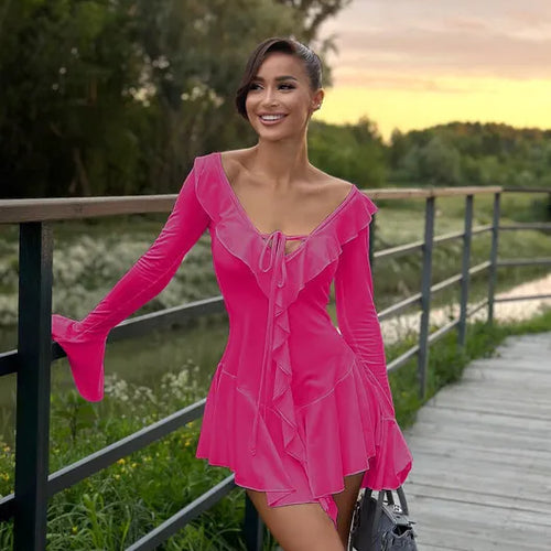 Load image into Gallery viewer, Sexy Deep V Ruffled Bodycon Short Skirt For Women 2024 Fall Ruffled Flared Sleeves Party Evening Dress Street Clothing
