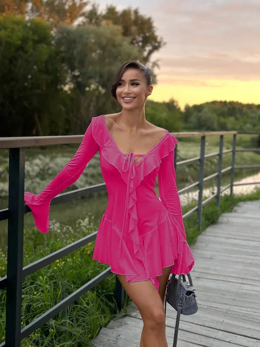 Sexy Deep V Ruffled Bodycon Short Skirt For Women 2024 Fall Ruffled Flared Sleeves Party Evening Dress Street Clothing