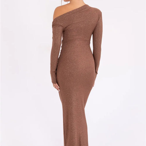 Load image into Gallery viewer, Sparkle Long Sleeve Sexy Maxi Dress For Women Inclined Shoulder Backless Bodycon Ruched Club Party Sexy Long Dress
