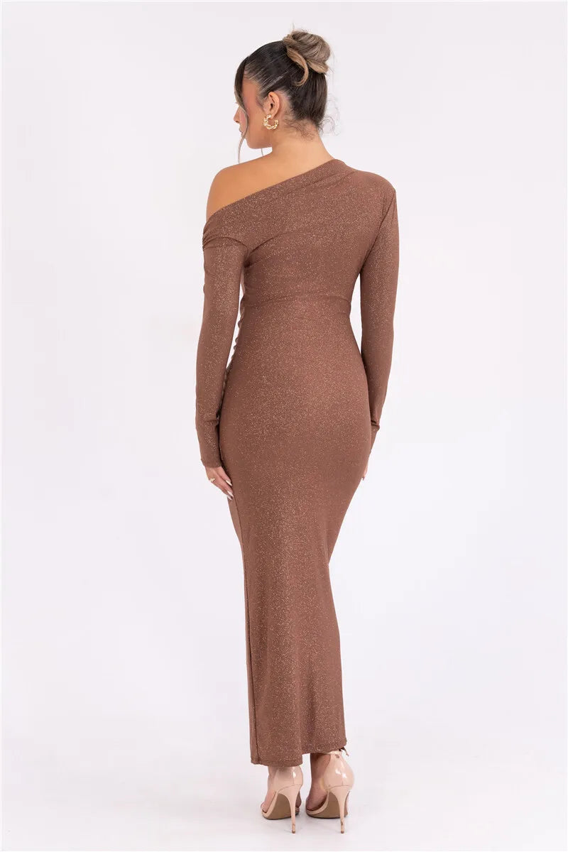 Sparkle Long Sleeve Sexy Maxi Dress For Women Inclined Shoulder Backless Bodycon Ruched Club Party Sexy Long Dress