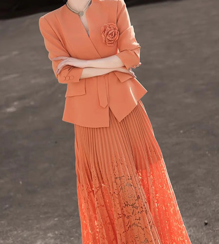 Solid Two Piece Set For Women O Neck Long Sleeve Coat High Waist Spliced Folds Skirt Sets Female Fashion Clothes