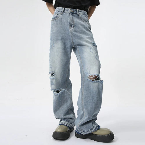 Load image into Gallery viewer, Trendy Men&#39;s Straight Jeans Broken Hole Design Summer New Streetwear American Style Wide Leg Denim Pants 9C5979
