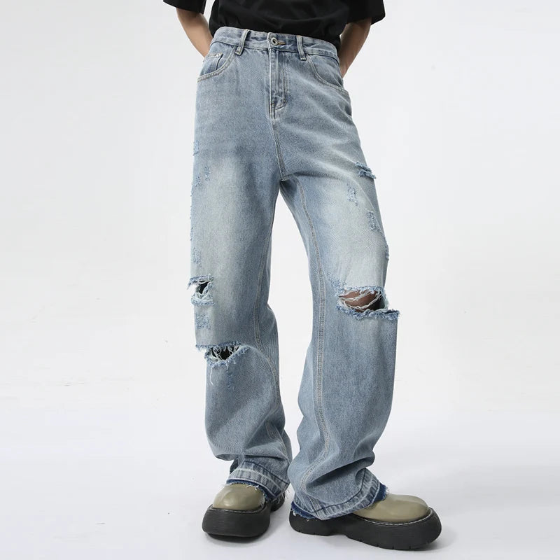 Trendy Men's Straight Jeans Broken Hole Design Summer New Streetwear American Style Wide Leg Denim Pants 9C5979