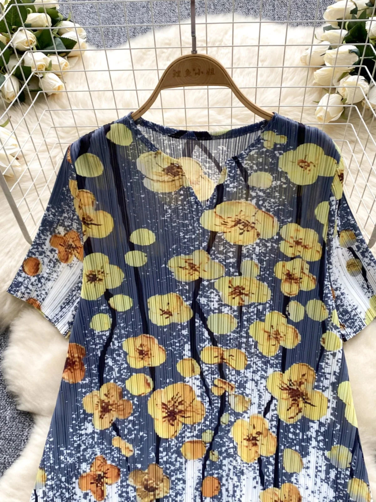 French Retro Women Black Butterfly V Neck Short Sleeved Long Dress Summer White Print Elegant Loose Vacation Pleated Dress Trend