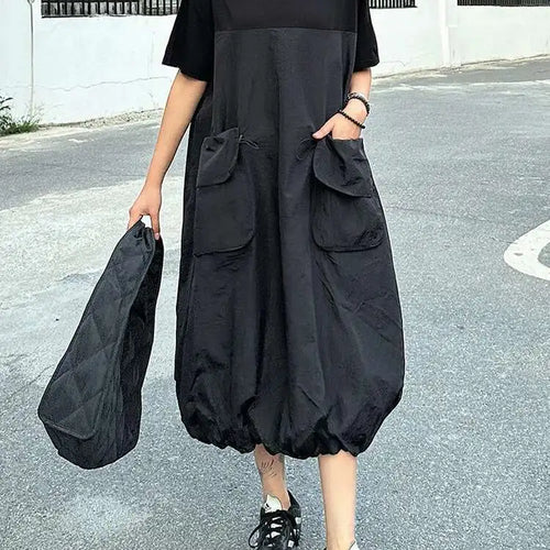 Load image into Gallery viewer, Women Black Drawstring Pocket Big Size Midi Dress New Round Neck Shhort Sleeve Fashion Tide Spring Summer 2025 1DJ0773
