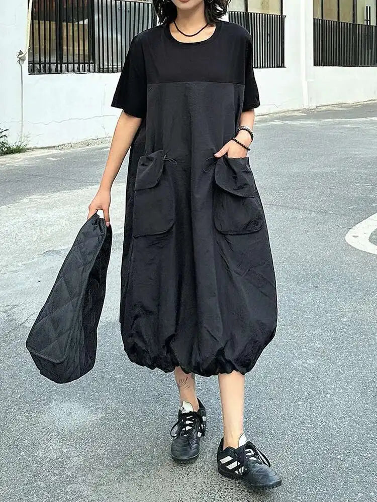 Women Black Drawstring Pocket Big Size Midi Dress New Round Neck Shhort Sleeve Fashion Tide Spring Summer 2025 1DJ0773