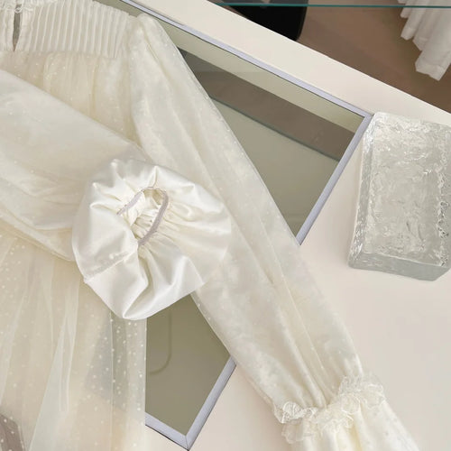 Load image into Gallery viewer, French Women Beige Dot Lace Festival Pleated Shirt Chic Round Neck Long Sleeve Ladies Versatile Princess Tops Spring Autumn 2025
