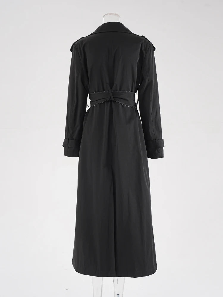 Women Black Belted Big Size Long Elegant Trench New Lapel Long Sleeve Windbreaker Fashion Tide Spring Autumn 2025 CPDB265