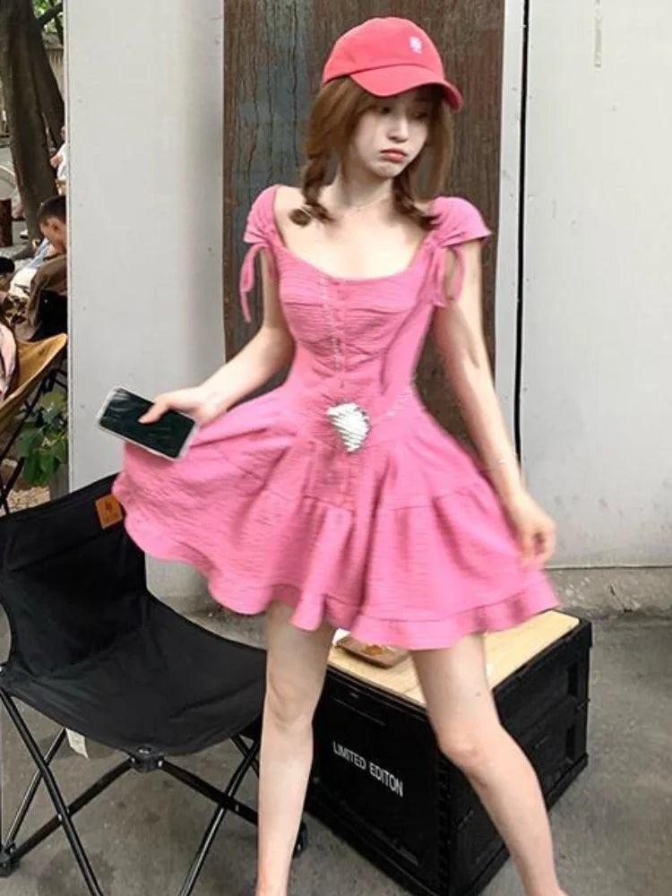 Y2k Pink Summer Dress Women 2023 Sundress Casual Kawaii Princess Fairy Short Dresses Party Korean Fashion