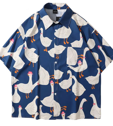 Summer Hawaiian Shirts Funny Retro Duck Print Short Sleeve Pocket Tropical Beach Shirts Harajuku Fashion Loose Button Up Shirt