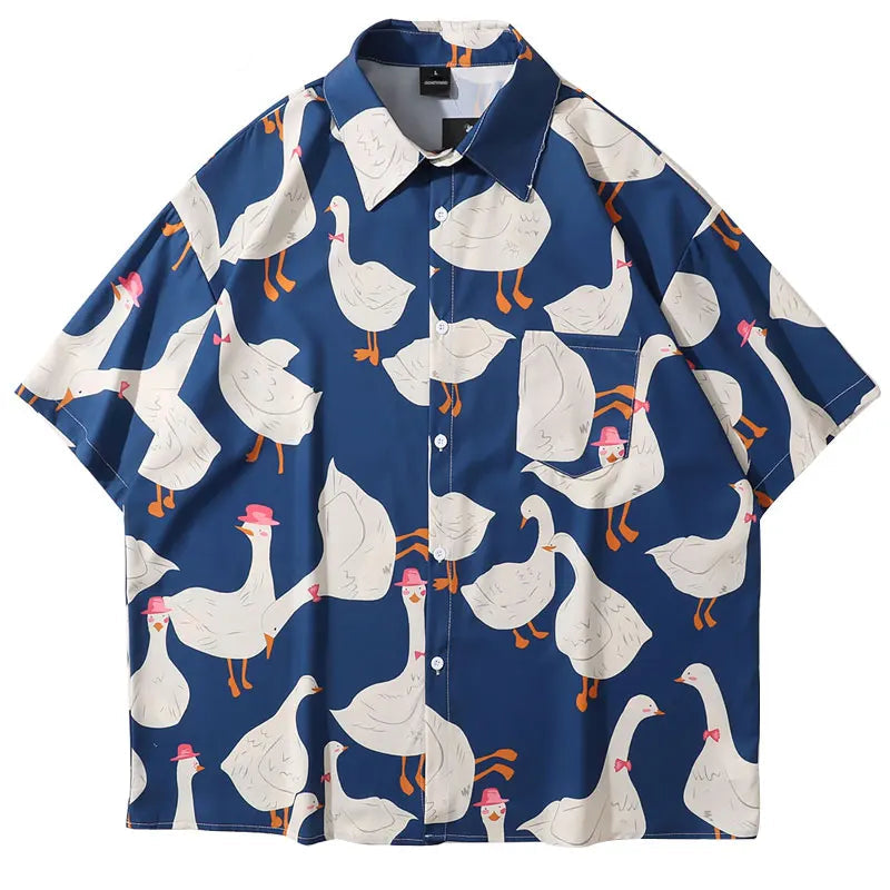 Summer Hawaiian Shirts Funny Retro Duck Print Short Sleeve Pocket Tropical Beach Shirts Harajuku Fashion Loose Button Up Shirt