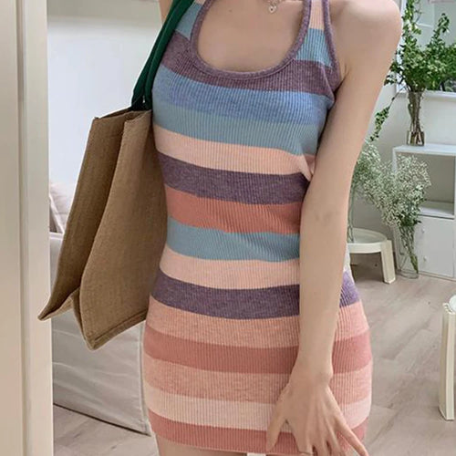 Load image into Gallery viewer, Striped Halter Tight Hip Slim Women&#39;s Dresses High Street Square Neck Backless Lace-up Summer Fashion Sexy Female Dress
