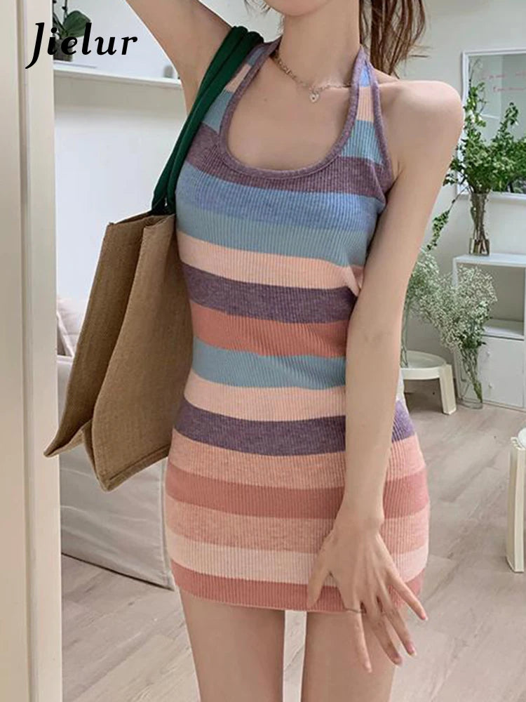 Striped Halter Tight Hip Slim Women's Dresses High Street Square Neck Backless Lace-up Summer Fashion Sexy Female Dress