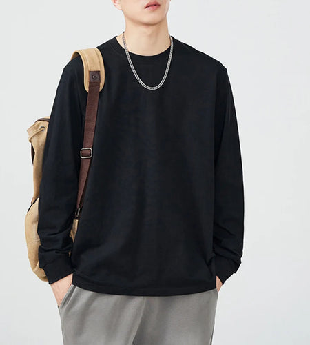 Men's Long Sleeved T-shirt Round Neck Solid Color Pullover Casual Top New Spring Loose Fashion Trend 2025 Male 9W1316