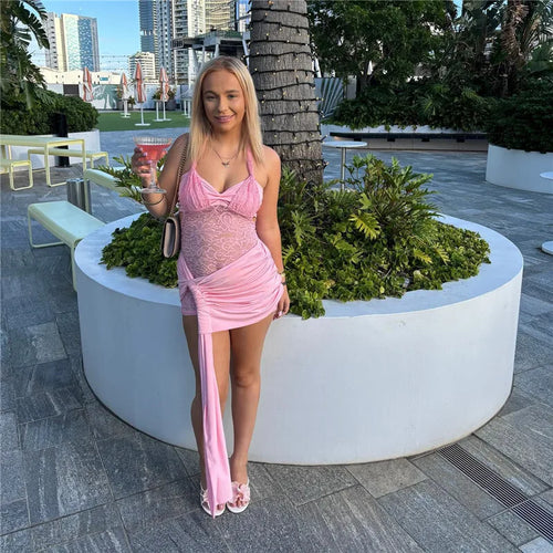 Load image into Gallery viewer, Lace Draped Ruched Sexy Mini Dress For Women Robe Fashion Halter Off-shoulder Backless Sleeveless Bodycon Club Dress
