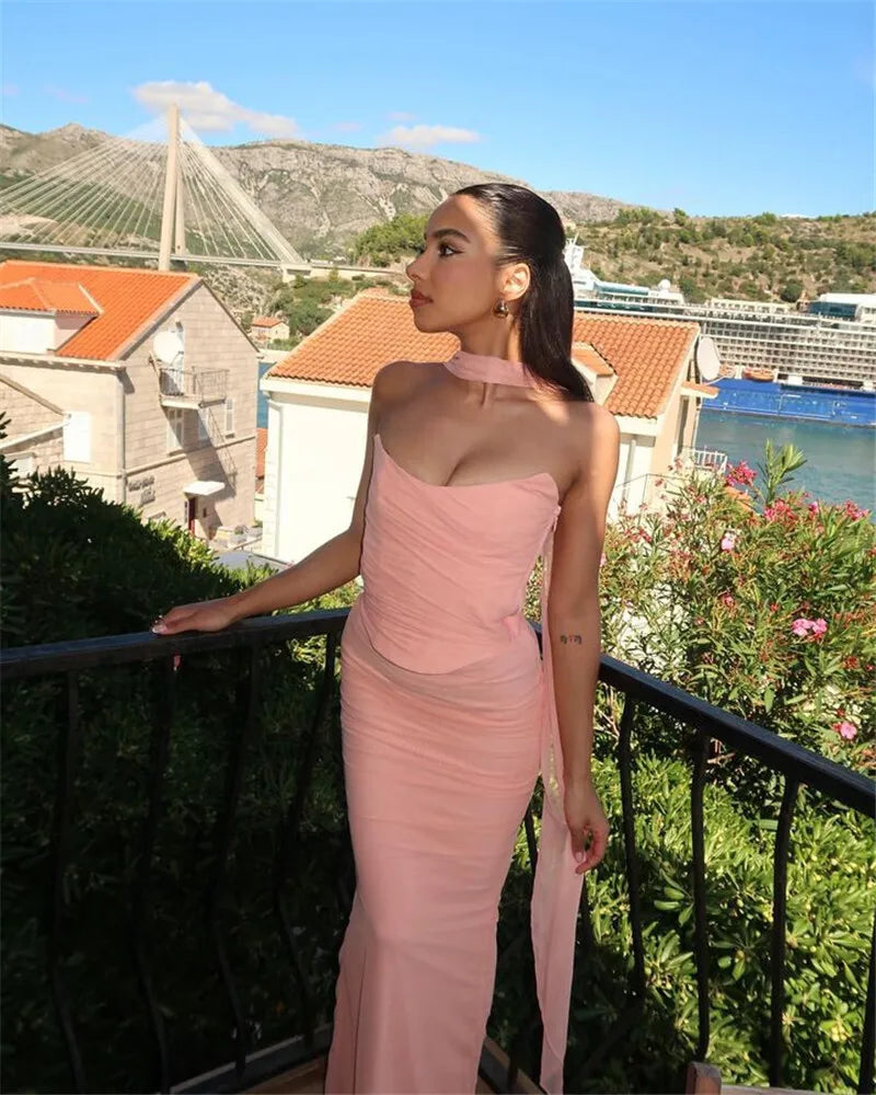 Wine Red Sexy Two Piece Sets Women Neckerchief Strapless Crop Tops And Maxi Skirt Sets Club Party Skirt Two Piece Sets