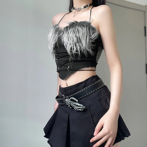 Load image into Gallery viewer, Fashion Fluffy Party Halter Top Female Backless Sexy Zipper Clubwear Faux Fur Patchwork Clubwear Crop Tops Camisole
