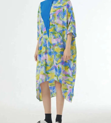 Women Blue Printed Big Size Midi Floral Dress New Stand Collar Short Sleeve Loose Fit Fashion Spring Summer 2025 1DF9379