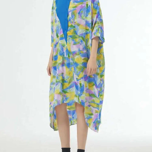 Load image into Gallery viewer, Women Blue Printed Big Size Midi Floral Dress New Stand Collar Short Sleeve Loose Fit Fashion Spring Summer 2025 1DF9379
