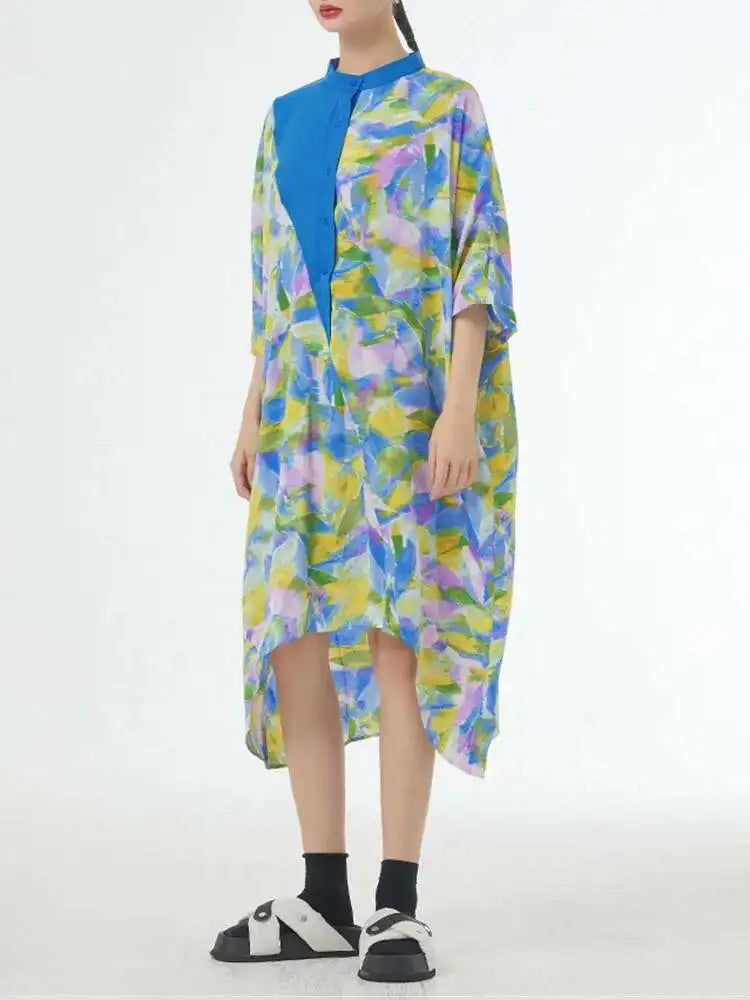 Women Blue Printed Big Size Midi Floral Dress New Stand Collar Short Sleeve Loose Fit Fashion Spring Summer 2025 1DF9379