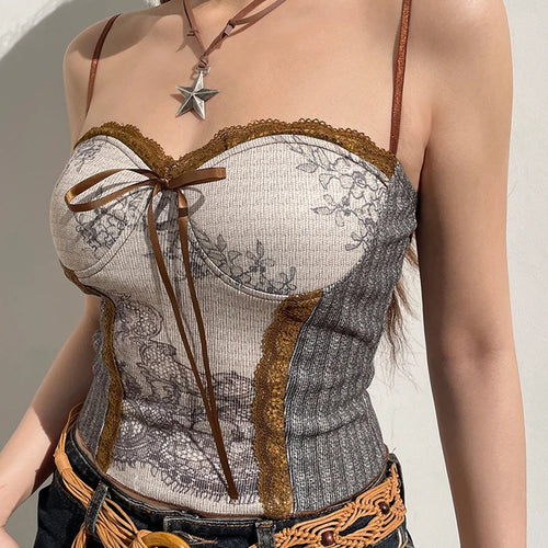 Load image into Gallery viewer, Chic Fashion Milkmaid Lace Trim Crop Top Female Y2K Aesthetic 90s Vintage Clothes Printed Contrast Summer Camis Cute
