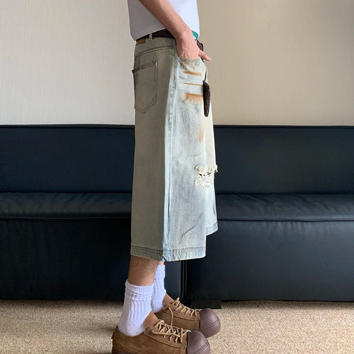 Load image into Gallery viewer, Mud Dyed Washed Worn Out Hole Straight Denim Pants Summer 2024 Wide Leg Contrast Color Male Shorts Casual 24E1065
