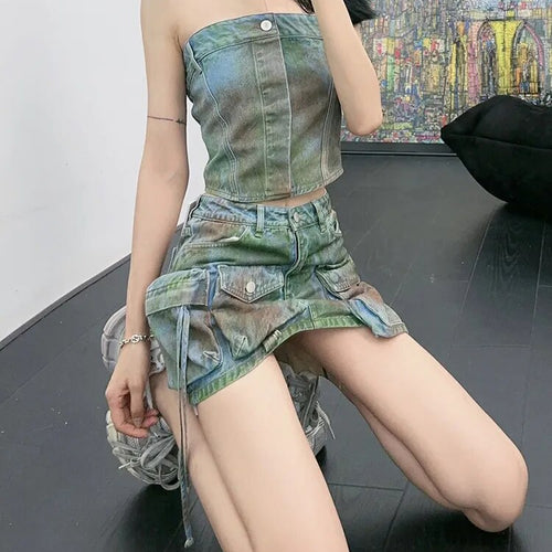 Load image into Gallery viewer, Denim Minimaiist Tank Tops For Women Strapless Sleeveless Patchwork Button Sexy Summer Vest Female Fashion Clothing
