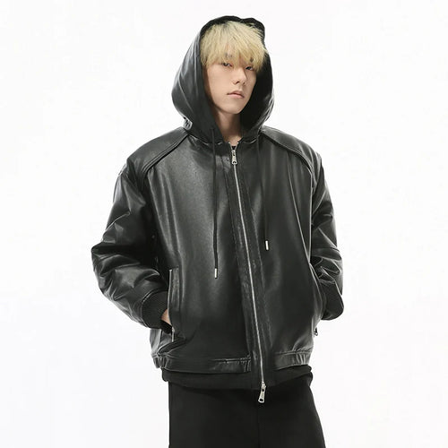 Load image into Gallery viewer, High Street Men&#39;s Padded Jackets Hooded Drawstring Solid Color PU Leather Zipper Patchwork Casual Male Cotton Coats 9C8976
