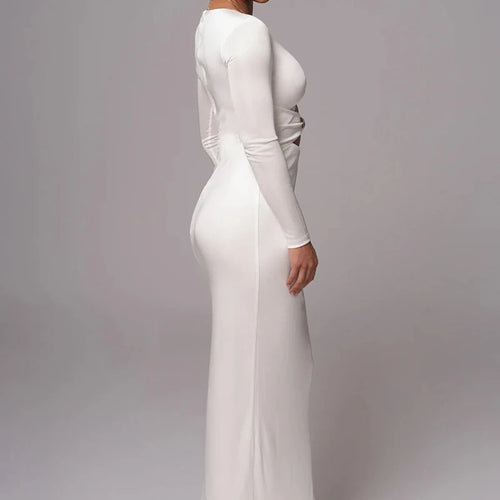 Load image into Gallery viewer, Hollow out long sleeve sexy maxi dress for women fashion solid V neck back split bodycon club long dress elegant
