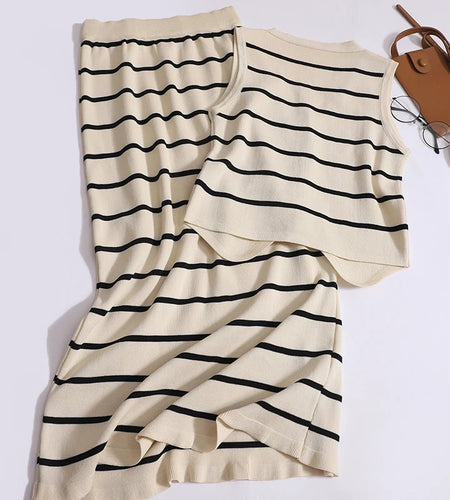 Black Beige Patchwork Stripe Two Piece Set Women Summer V Neck Sleeveless Single Breasted Vest Tops And Elastic Waist Long Skirt