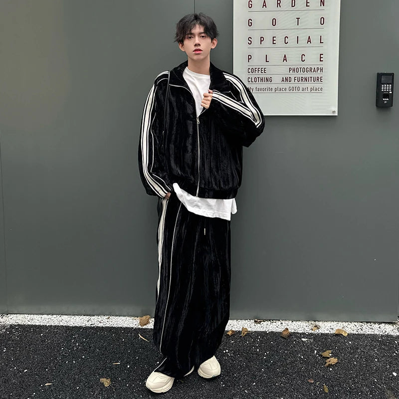Niche Design Men's Two-piece Striped Lapel Contrast Color Jackets Straight Wide Leg Drawstring Male Sweatshirts 2025 9C9203