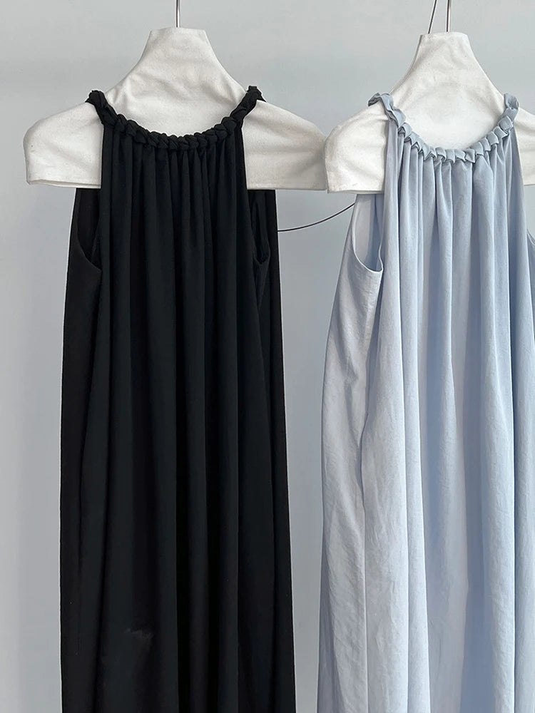 Women White Blue Knot Elegant Big Size Long Vest Dress New Halter Sleeveless Fashion Tide Spring Summer 2025 1DJ1282