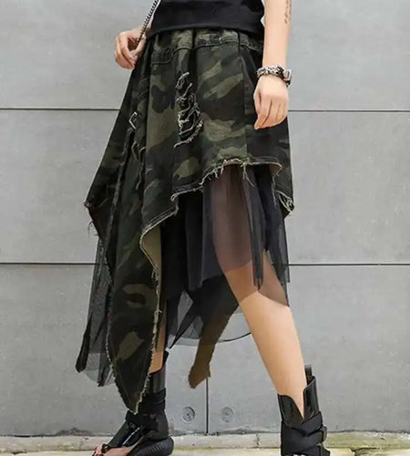 High Elastic Waist Camouflage Irregular Mesh A-line Half-body Skirt Women Fashion Tide New Spring Autumn 2025 1DH6094