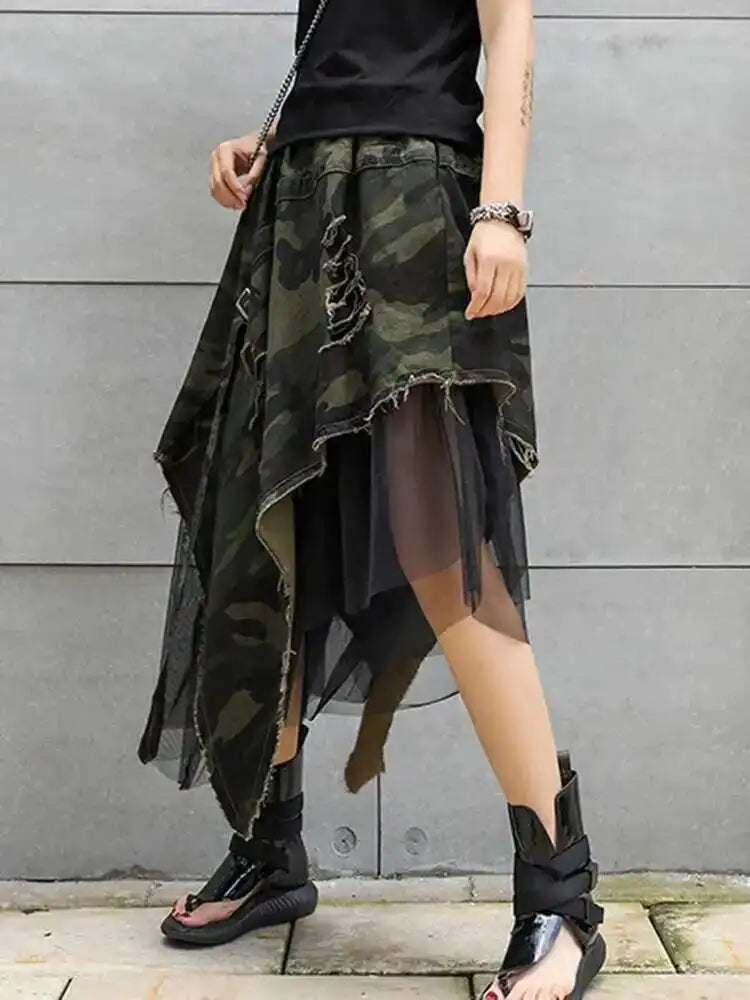 High Elastic Waist Camouflage Irregular Mesh A-line Half-body Skirt Women Fashion Tide New Spring Autumn 2025 1DH6094