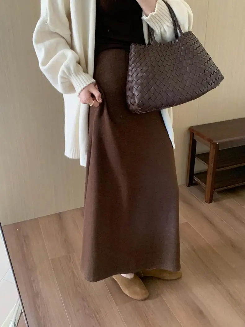 Korean Version 2024 Solid High Waist Versatile Slim Long Skirts For Women Autumn Office Elegant Festival Skirt Simplicity Street